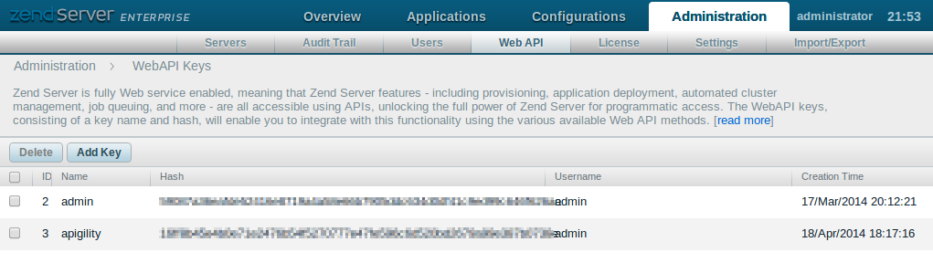 Zend Server Web API Screen